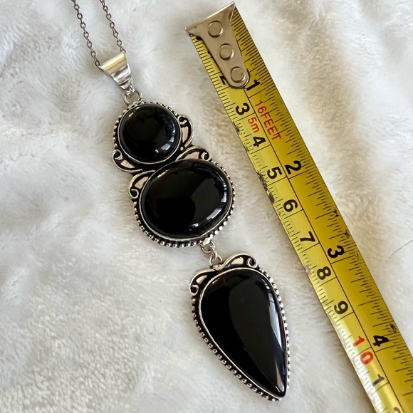 925 MASSIVE! Triple Onyx Protection Pendant Necklace - Picture 3 of 6